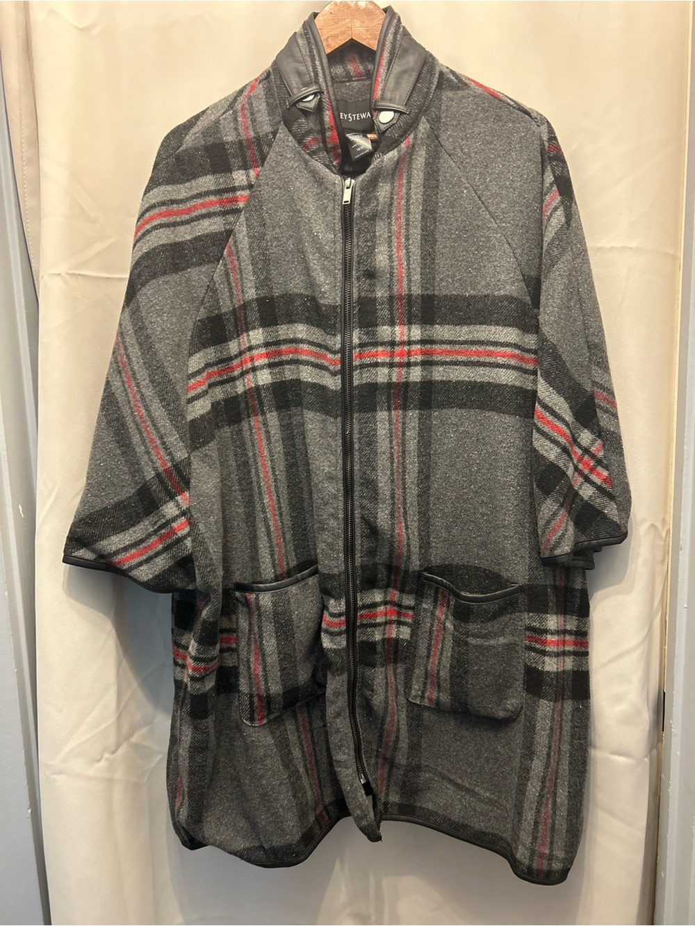 Ashley Stewart Gray Plaid Trench Jacket with Red Stripes